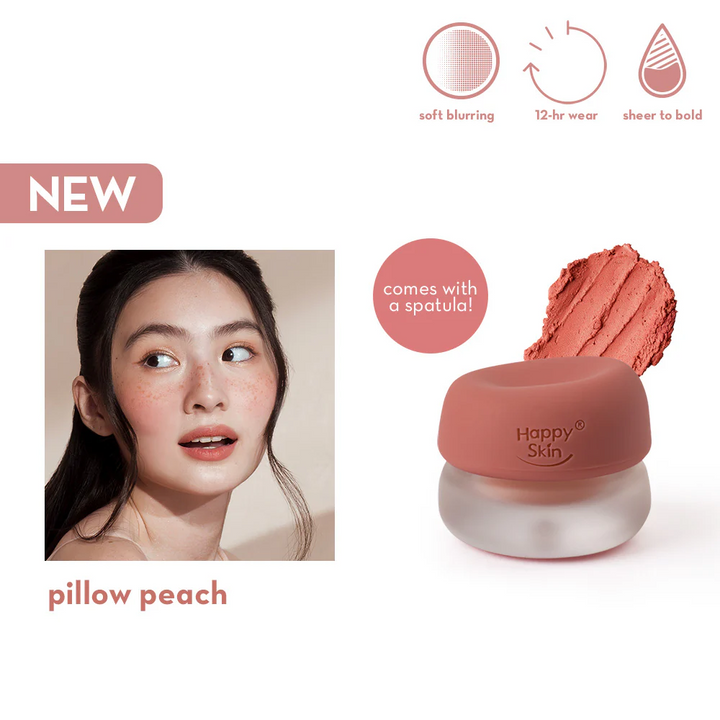 Happy Skin pillow peach blush with a woman wearing it, product packaging, and features listed.