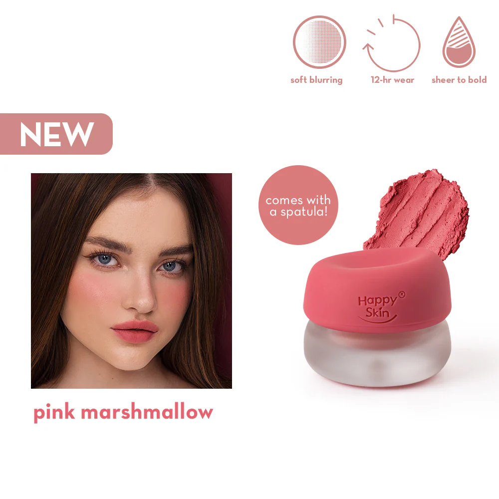 Happy Skin blush with a spatula, pink marshmallow shade, and product features on a white background.