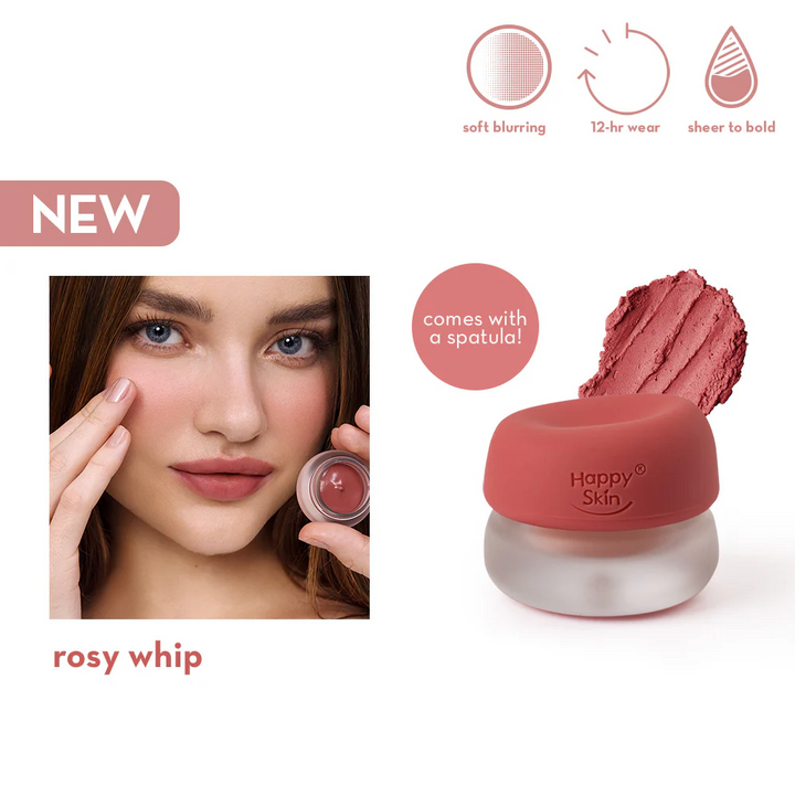 Happy Skin rosy whip blush with a woman applying it, on a white background.