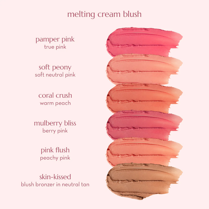 Collection of melting cream blush swatches with color names on a white background