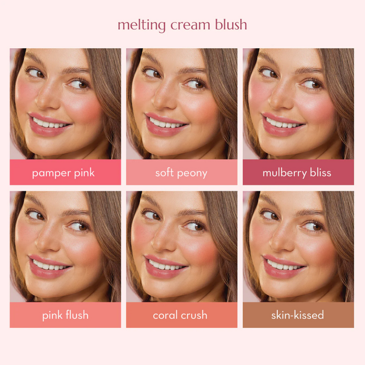 Comparison of different shades of melting cream blush on a model's face.