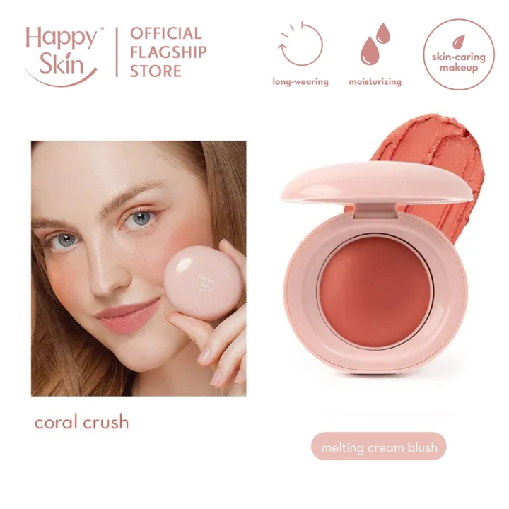 Happy Skin coral crush melting cream blush with a model holding it, on a white background.