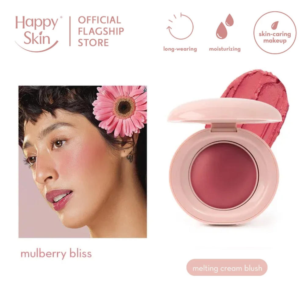 Happy Skin mulberry bliss melting cream blush with a model wearing it and product packaging.
