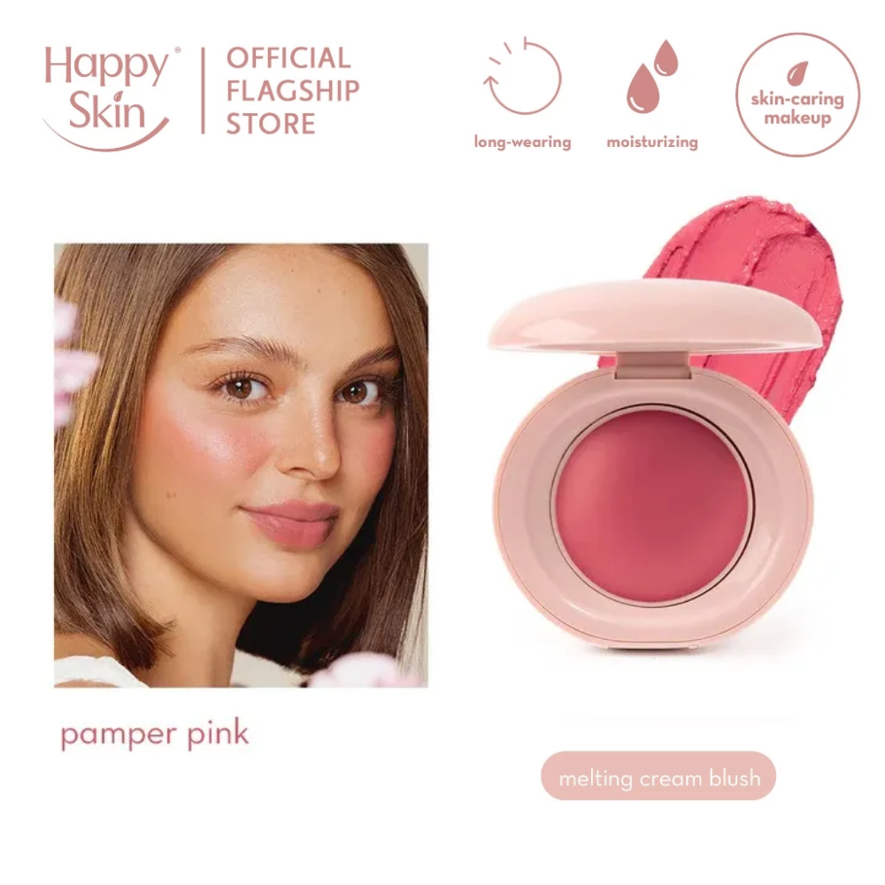 Happy Skin pamper pink melting cream blush with a model wearing it on a white background
