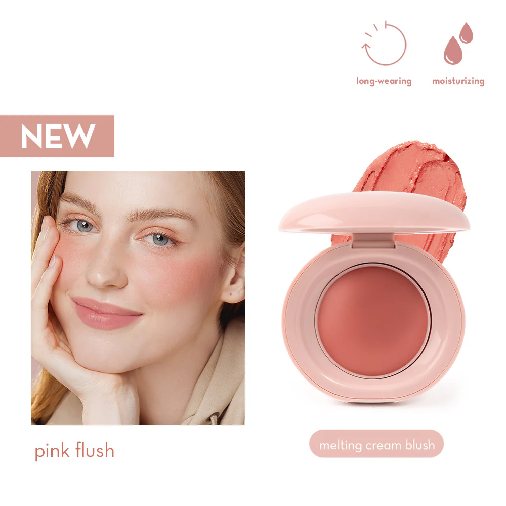 Melting cream blush with a woman's face showing pink flush, labeled 'NEW' and 'pink flush'.