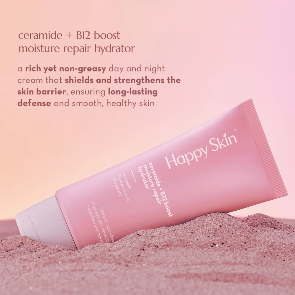Pink tube of Happy Skin moisturizer on a pink background with product description text.