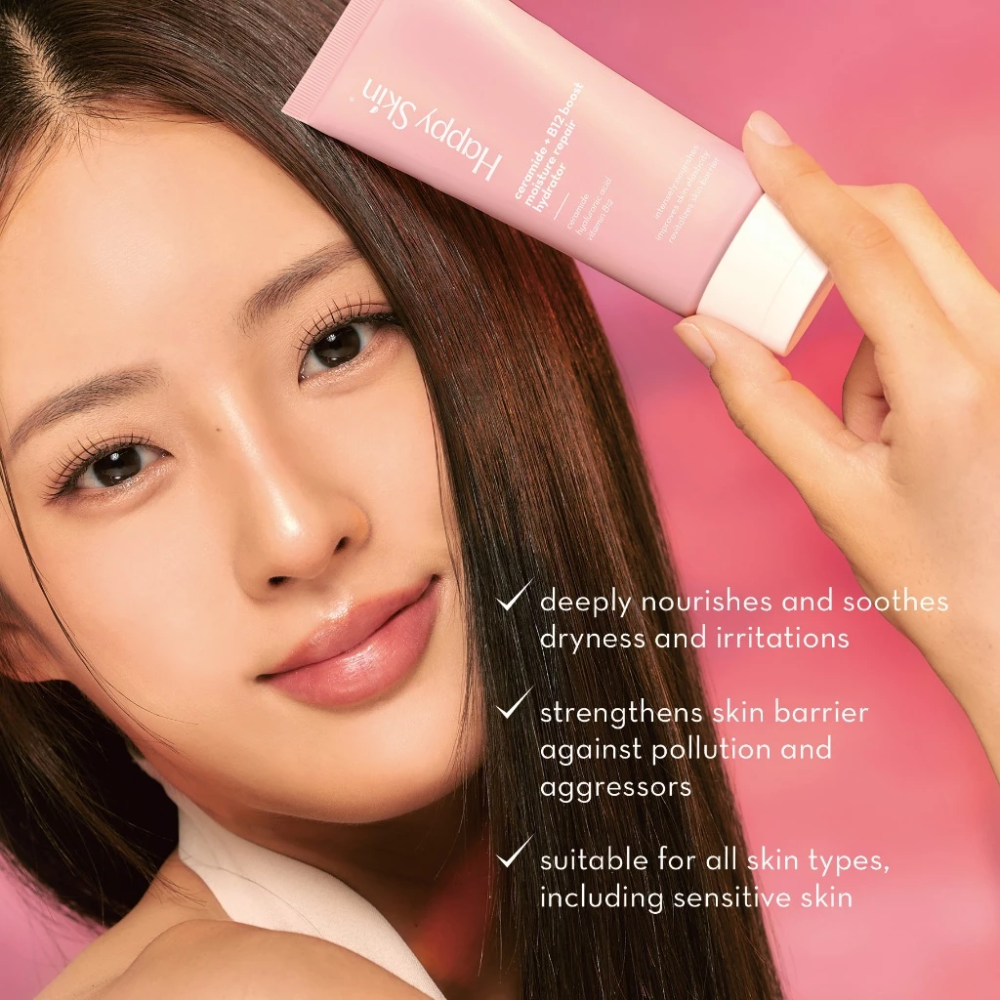 Woman holding a pink bottle of Happy Skin product with text on a pink background