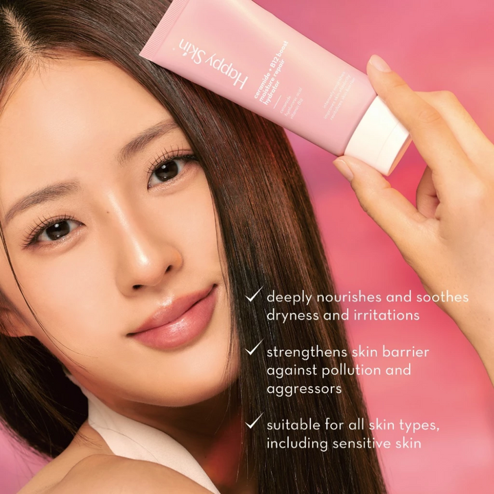 Woman holding a pink bottle of Happy Skin product with text on a pink background
