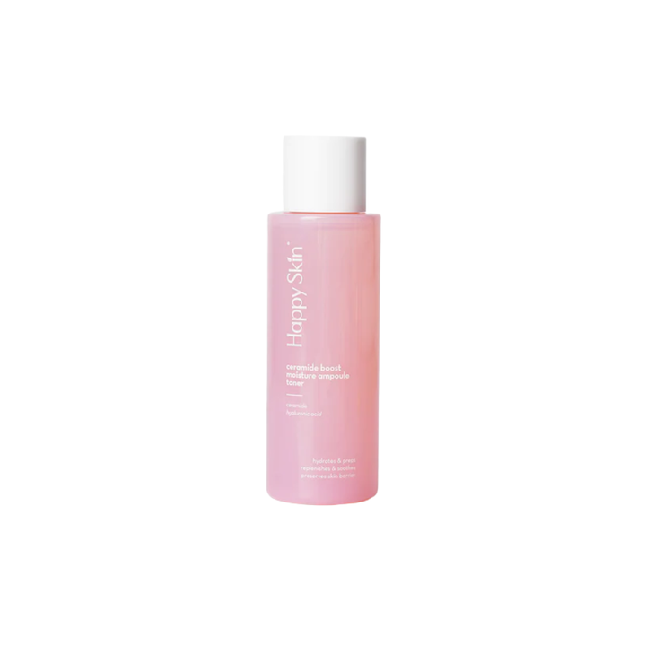 Pink skincare bottle labeled 'Happy Skin' on a white background