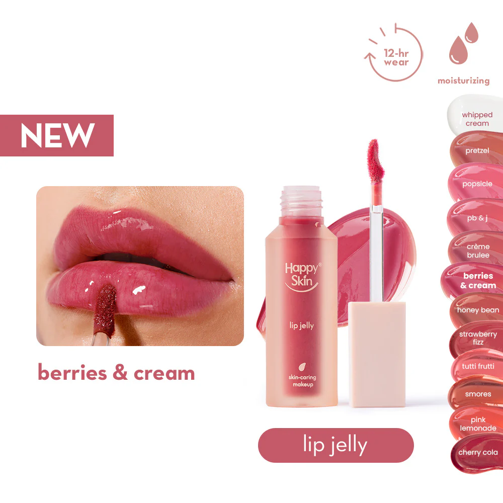 Happy Skin lip jelly with a close-up of lips wearing the product, showing 'berries & cream' flavor.