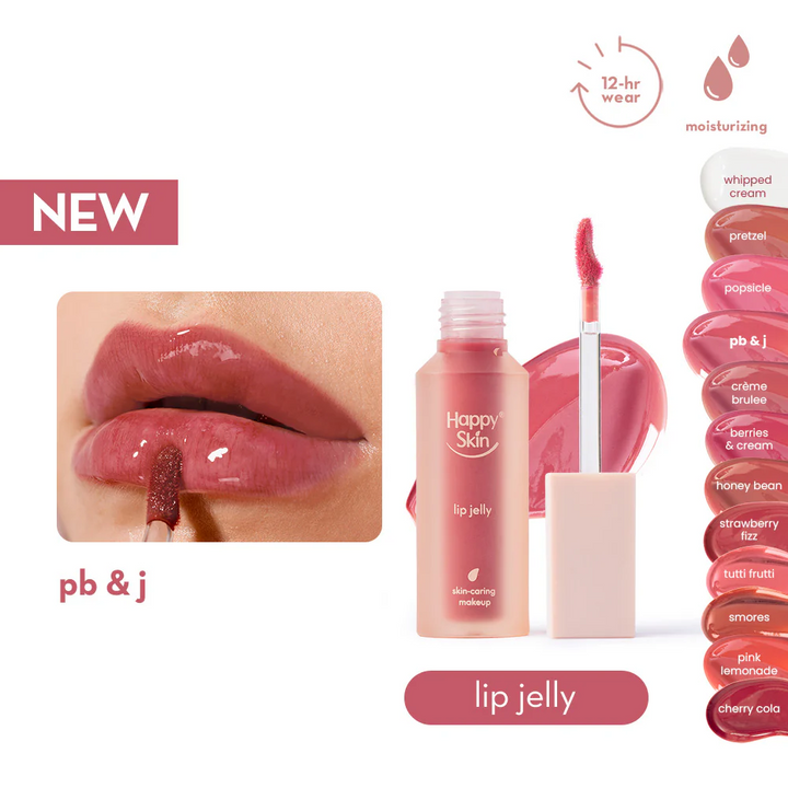 Happy Skin lip jelly product with close-up of lips wearing the product, showing '12-hr wear' and 'moisturising' features.