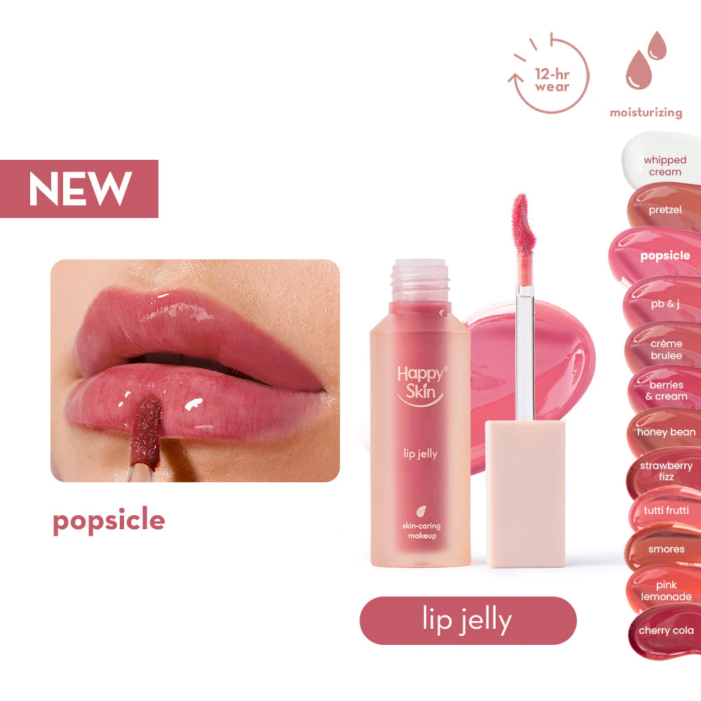 Happy Skin lip jelly with a close-up of lips wearing the product, showing 12-hour wear and moisturizing benefits.