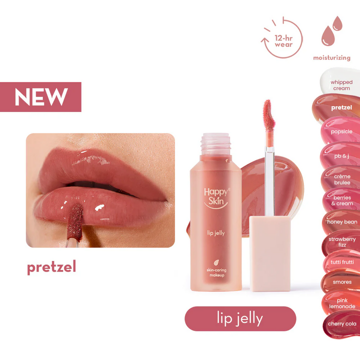 Happy Skin lip jelly product with close-up of lips wearing the color 'pretzel'.