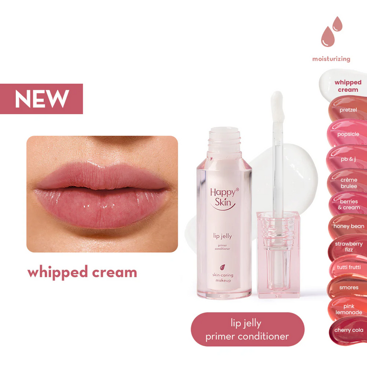 Happy Skin lip jelly product with lips shown wearing the product, on a white background.