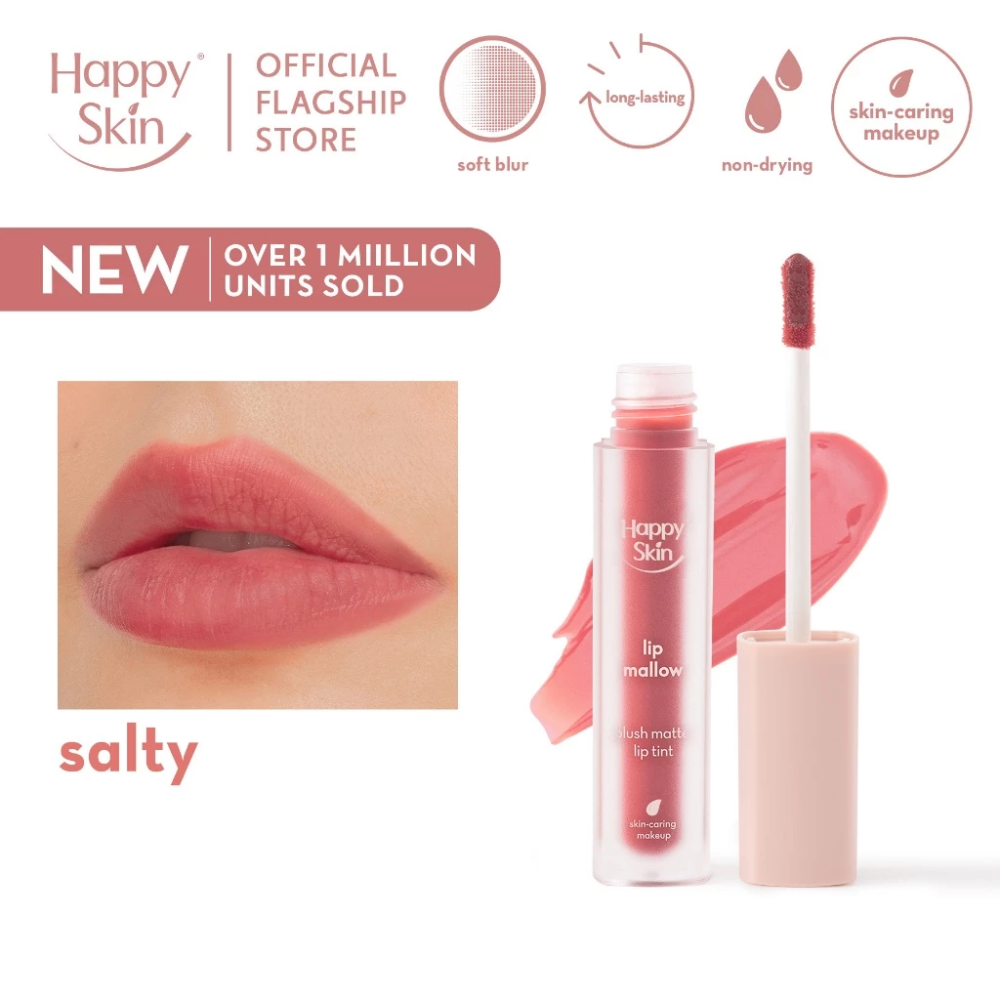 Happy Skin lip makeup product with applicator and color swatch on a white background Happy Skin Lip Mallow Plush Matte Lip Tint