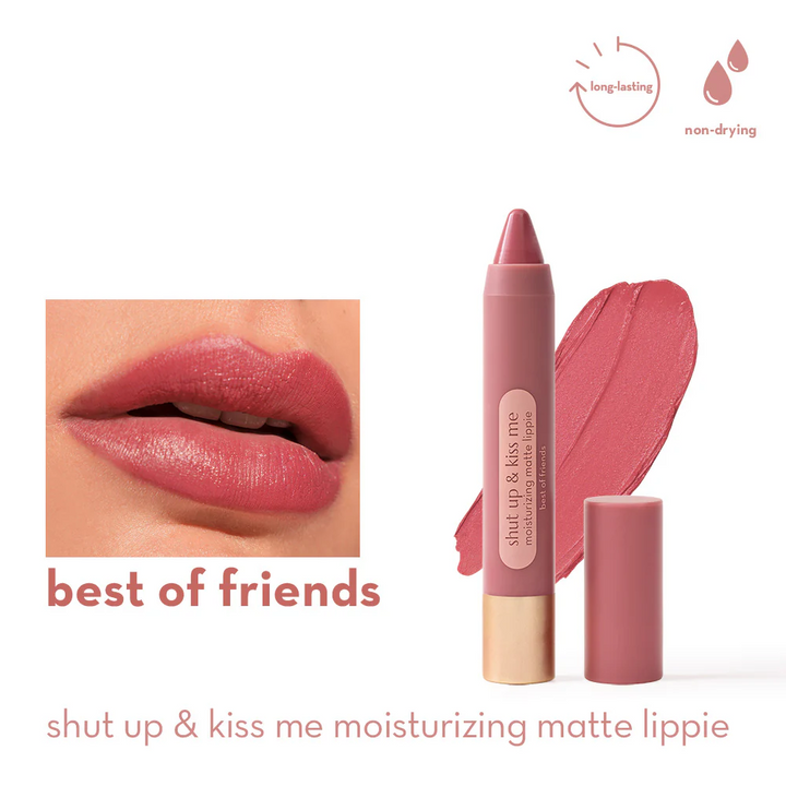 Shut Up and Kiss Me Moisturizing Matte Lippie by Happy Skin with creamy best of friends pink shade on lips and stick