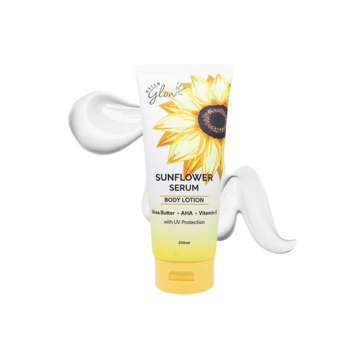 Sunflower serum body lotion with visible cream on a white background Hello Glow Sunflower Serum Body Lotion with UV Protection 200ml