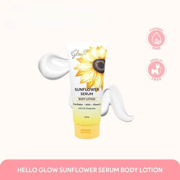 Sunflower serum body lotion with brand logo on a white background Hello Glow Sunflower Serum Body Lotion with UV Protection 200ml