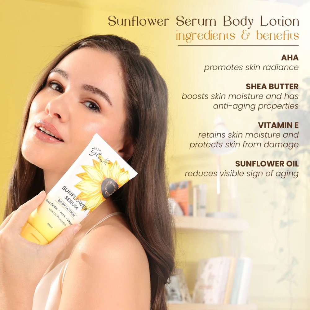 Woman holding Sunflower Serum Body Lotion with product details on a yellow background Hello Glow Sunflower Serum Body Lotion with UV Protection 200ml