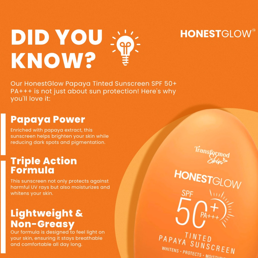 HonestGlow Papaya Tinted Sunscreen SPF 50+ PA+++ on an orange background with product details.