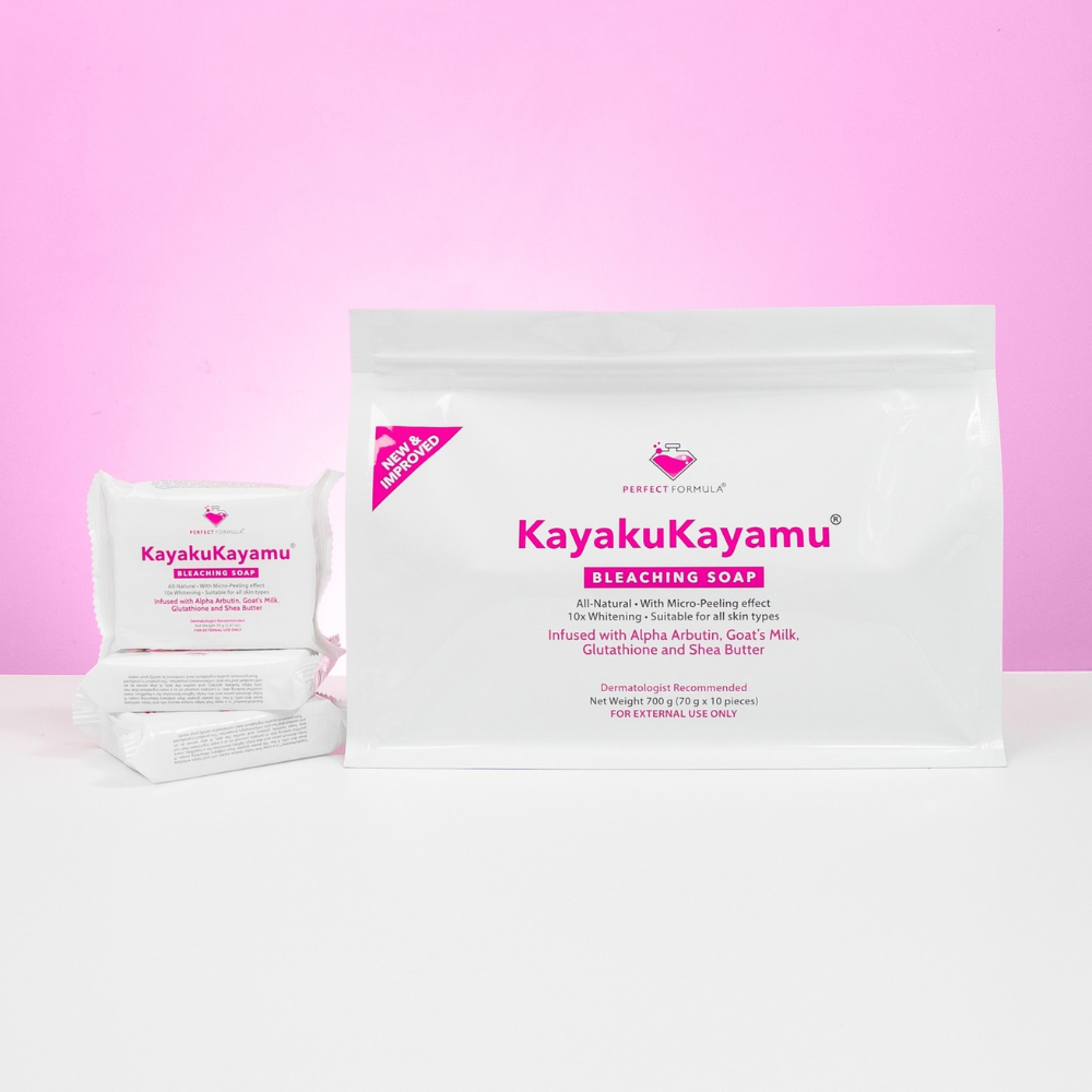 KayakuKayamu bleaching soap packaging on a pink background Perfect Formula KayakuKayamu Bleaching Soap 10 bars