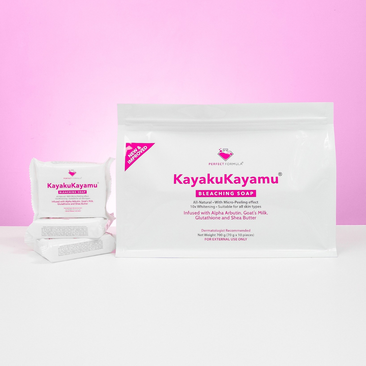 KayakuKayamu bleaching soap packaging on a pink background Perfect Formula KayakuKayamu Bleaching Soap 10 bars