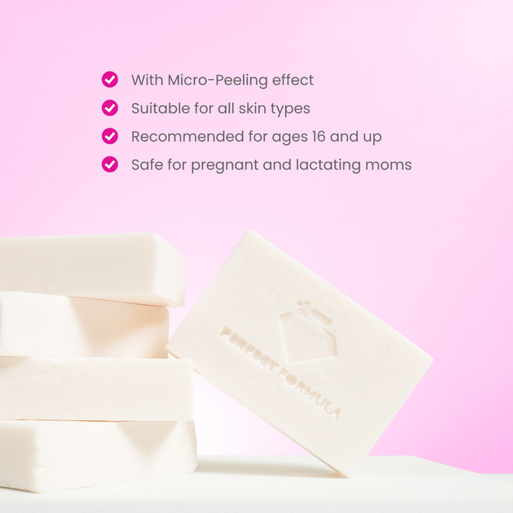 Product packaging with text highlighting features on a pink background Perfect Formula KayakuKayamu Bleaching Soap 10 bars