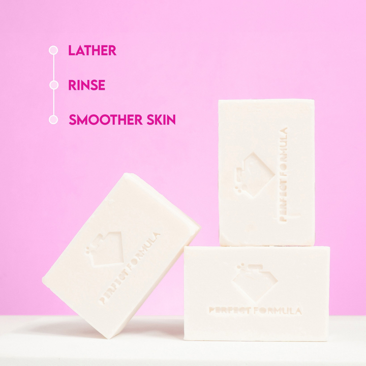 Two bars of soap and their packaging on a pink background with text 'Lather, Rinse, Smoother Skin'. Perfect Formula KayakuKayamu Bleaching Soap 10 bars