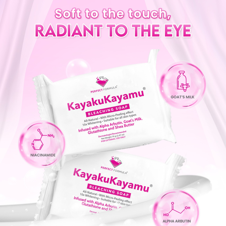KayakuKayamu bleaching soap packaging with pink background and product details. Perfect Formula KayakuKayamu Bleaching Soap 10 bars