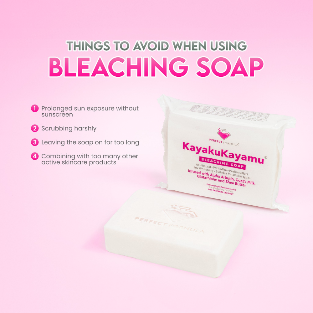 Kayaku Kayamu bleaching soap on a pink background with text about things to avoid. Perfect Formula KayakuKayamu Bleaching Soap 10 bars
