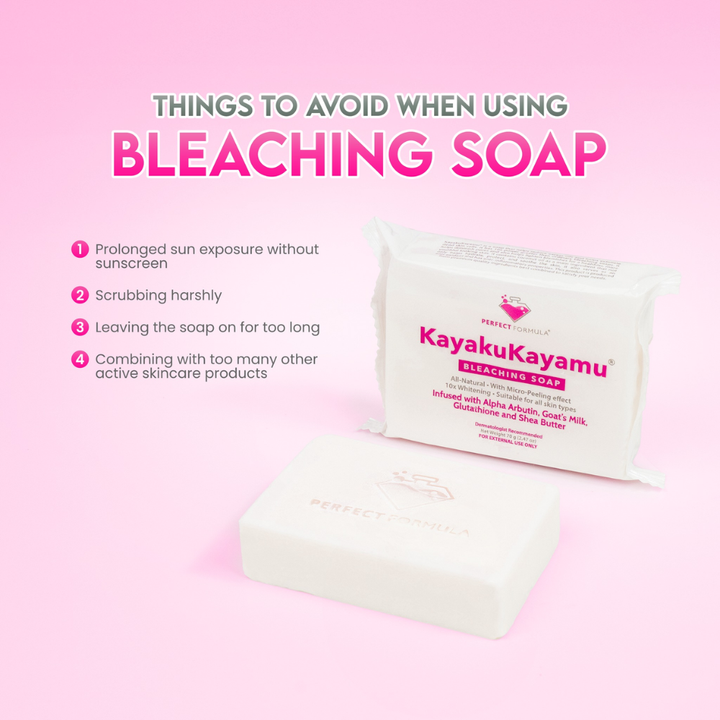 Kayaku Kayamu bleaching soap on a pink background with text about things to avoid. Perfect Formula KayakuKayamu Bleaching Soap 10 bars