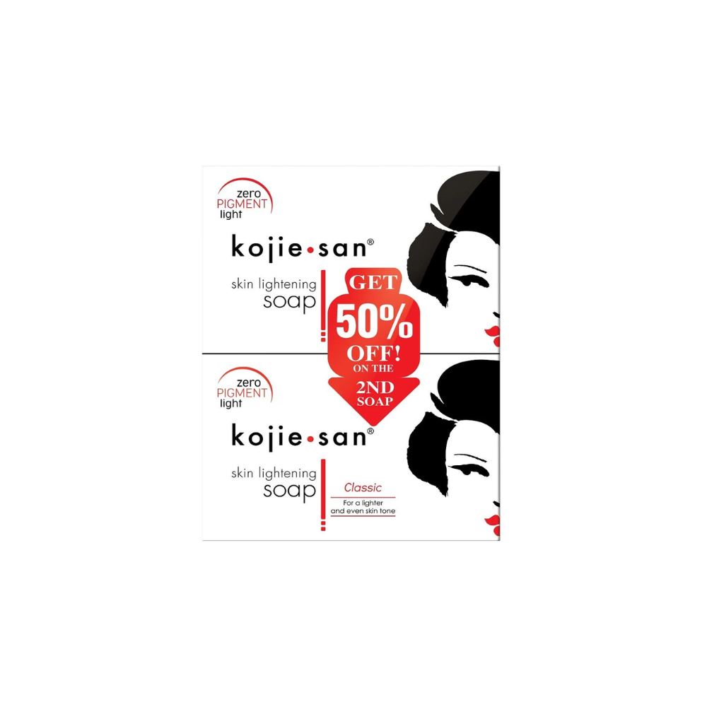 Kojie San skin lightening soap packaging with promotional text on a white background
