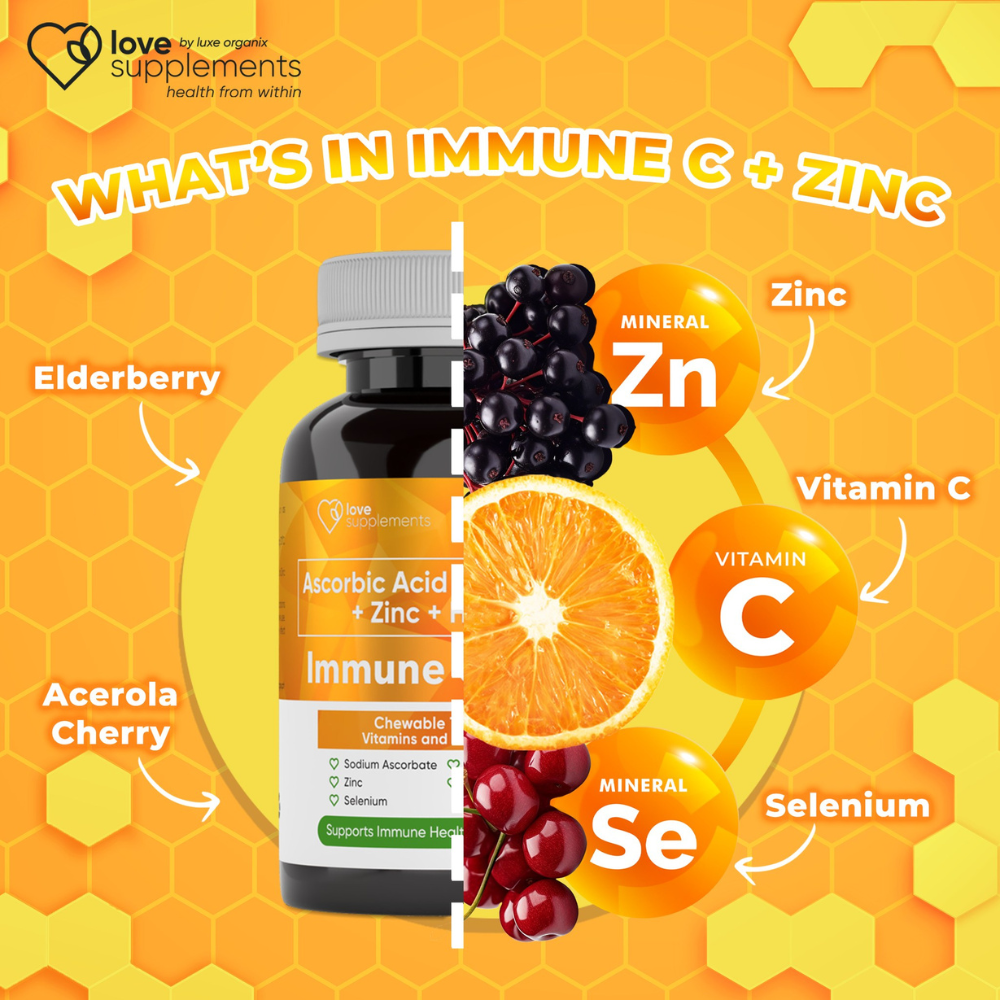 Love Supplements Ascorbic Acid + Selenium + Zinc + Herbs Chewable Tablets Vitamins and Minerals