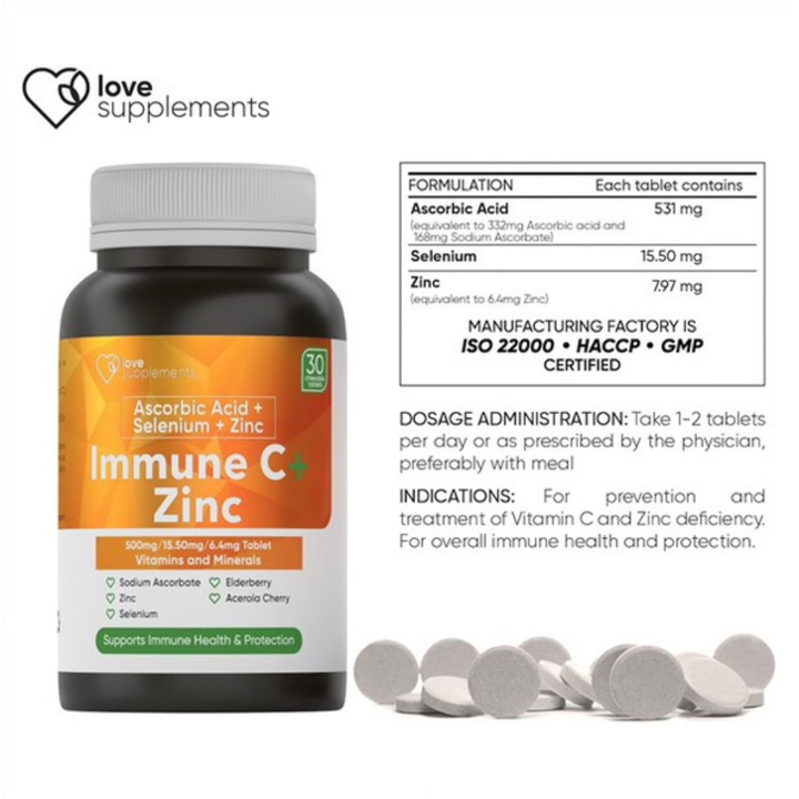 Love Supplements Ascorbic Acid + Selenium + Zinc + Herbs Chewable Tablets Vitamins and Minerals