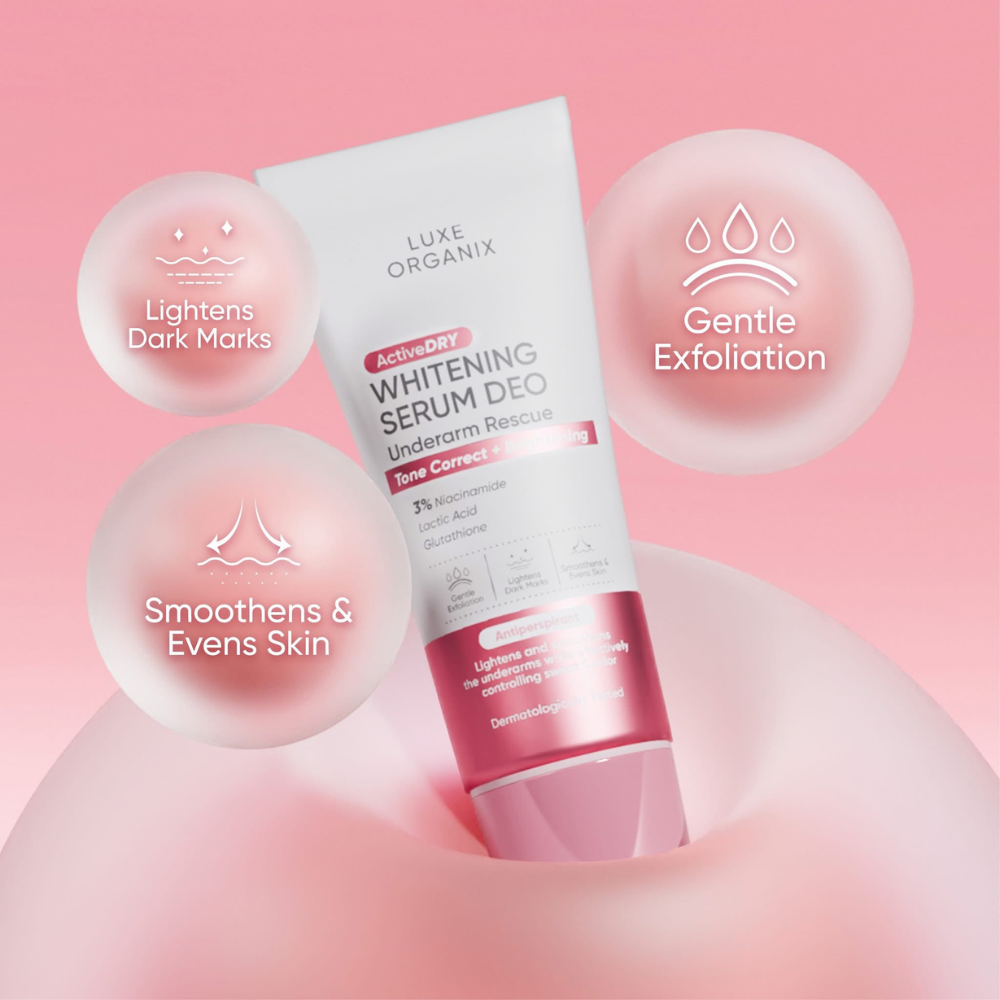 Luxe Organix ActiveDry Whitening Serum Deo on a pink background with text indicating benefits.
