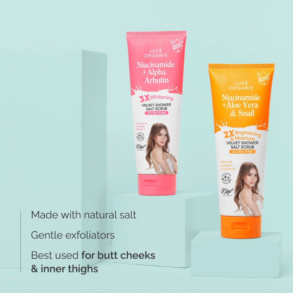 Luxe Organix Niacinamide + Alpha Arbutin Velvet Shower Salt Scrub 300g Heart Evangelista 