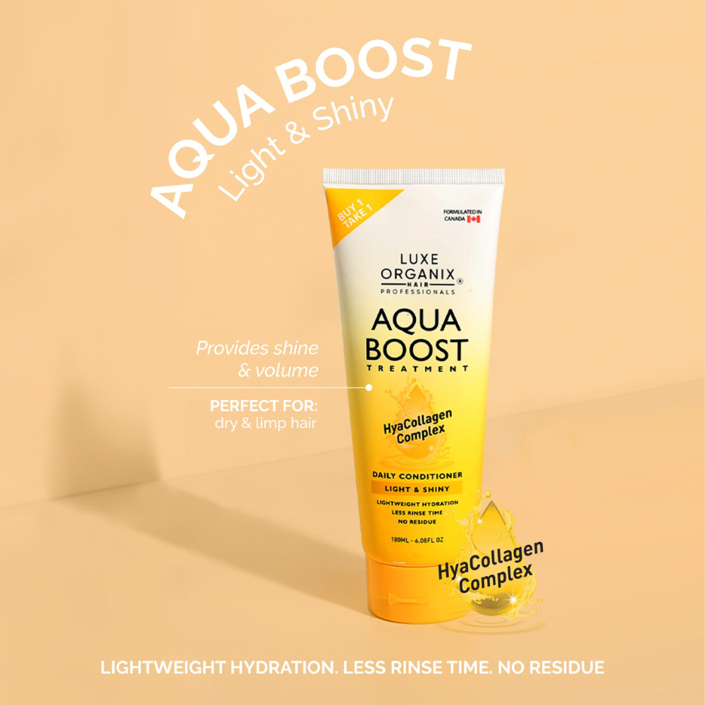 Luxe Organix Aqua Boost treatment tube on a beige background