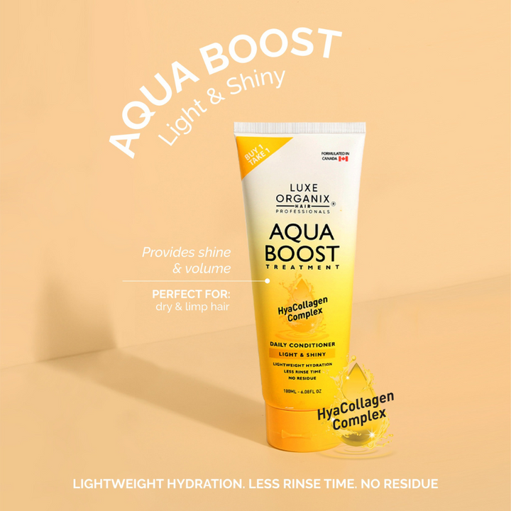 Luxe Organix Aqua Boost treatment tube on a beige background