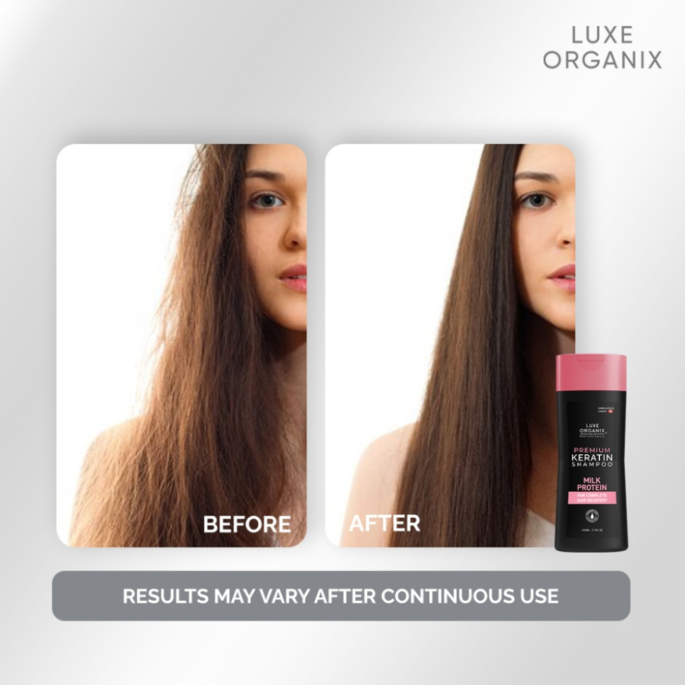 Before and after comparison of hair with Luxe Organix shampoo bottle on a gray background