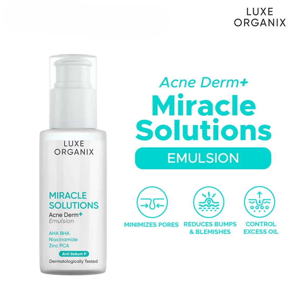 Luxe Organix Acne Derm+ Miracle Solutions Emulsion bottle on a white background Luxe Organix Miracle Solutions Acne Derma + Emulsion 80ml