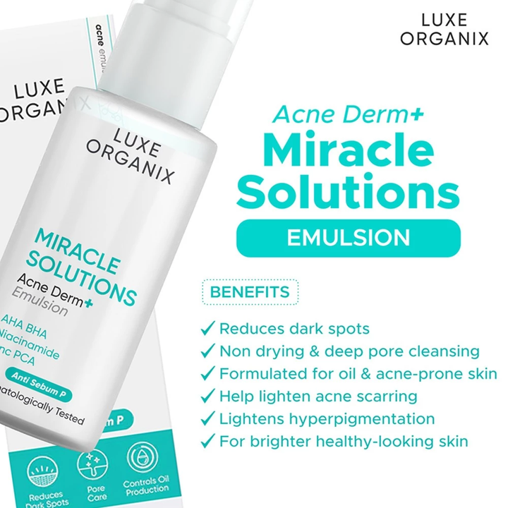 Luxe Organix Acne Derm+ Miracle Solutions Emulsion packaging with product details on a white background.