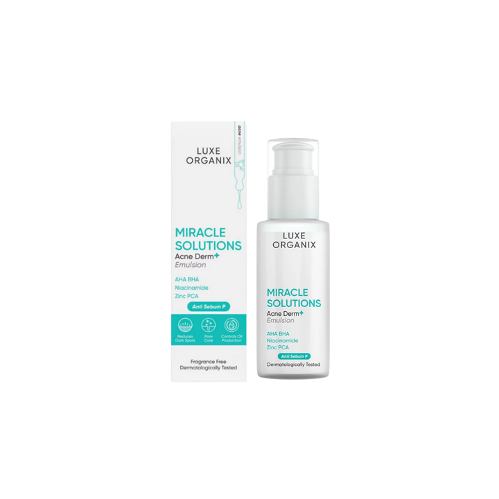 Luxe Organix Miracle Solutions Acne Derm Emulsion bottle and packaging on a white background Luxe Organix Miracle Solutions Acne Derma + Emulsion 80ml