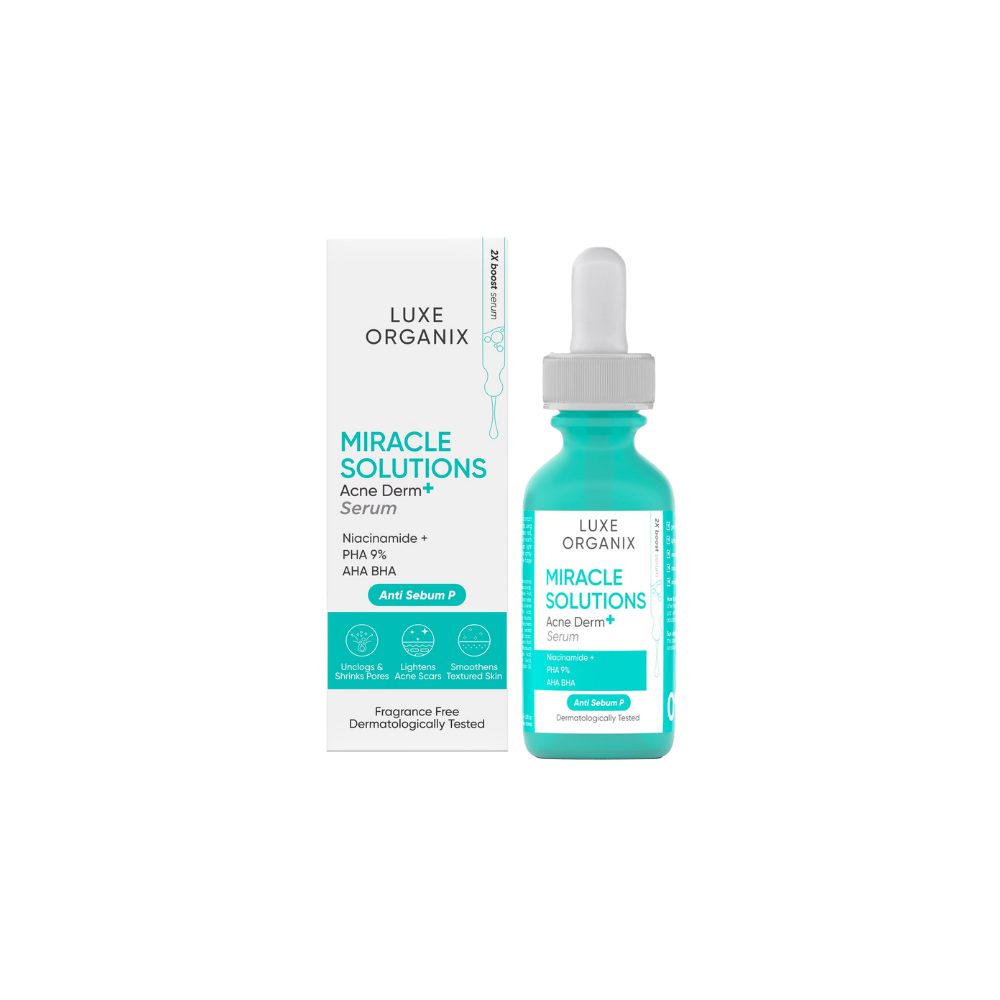 Luxe Organix Miracle Solutions Acne Serum and packaging on a white background
