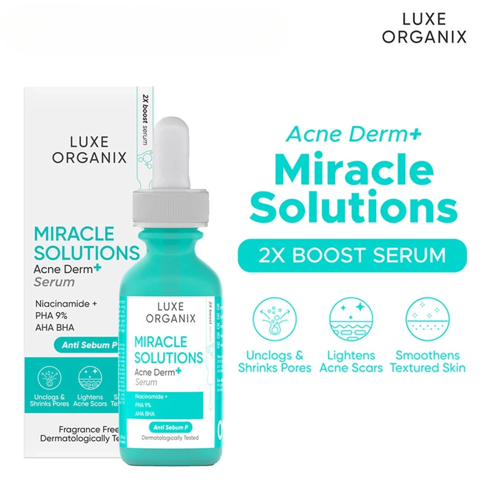 Luxe Organix Acne Derm+ Miracle Solutions serum bottle and packaging on a white background