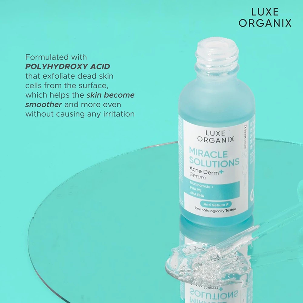 Luxe Organix Acne Derm+ Serum bottle on a teal background with product description text. Luxe Organix Miracle Solutions Acne Derm + Serum with Niacinamide and AHA BHA 30ml