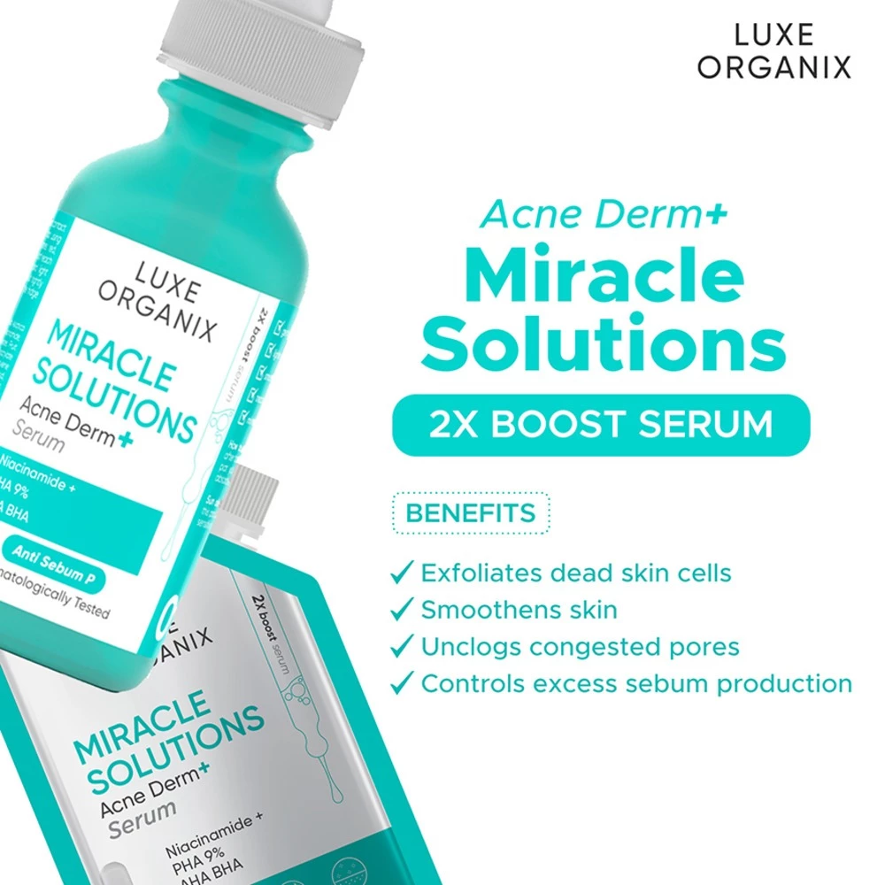 Luxe Organix Acne Derm+ Miracle Solutions serum packaging with product name and benefits listed. Luxe Organix Miracle Solutions Acne Derm + Serum with Niacinamide and AHA BHA 30ml