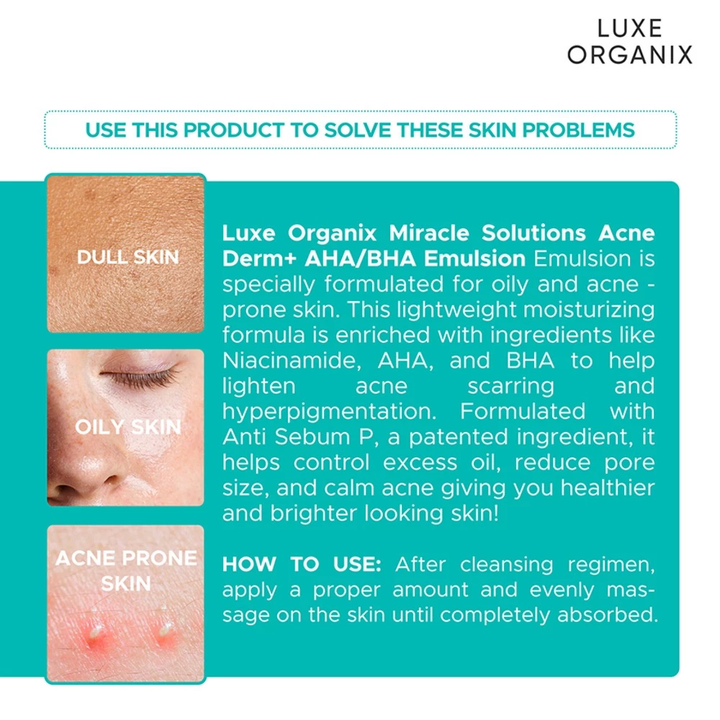 Luxe Organix skincare product description with skin types and benefits. Luxe Organix Miracle Solutions Acne Derm + Serum with Niacinamide and AHA BHA 30ml