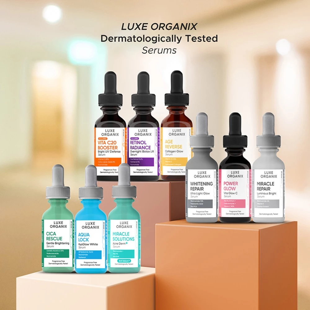 Collection of Luxe Organix skincare serums on a neutral background Luxe Organix Miracle Solutions Acne Derm + Serum with Niacinamide and AHA BHA 30ml