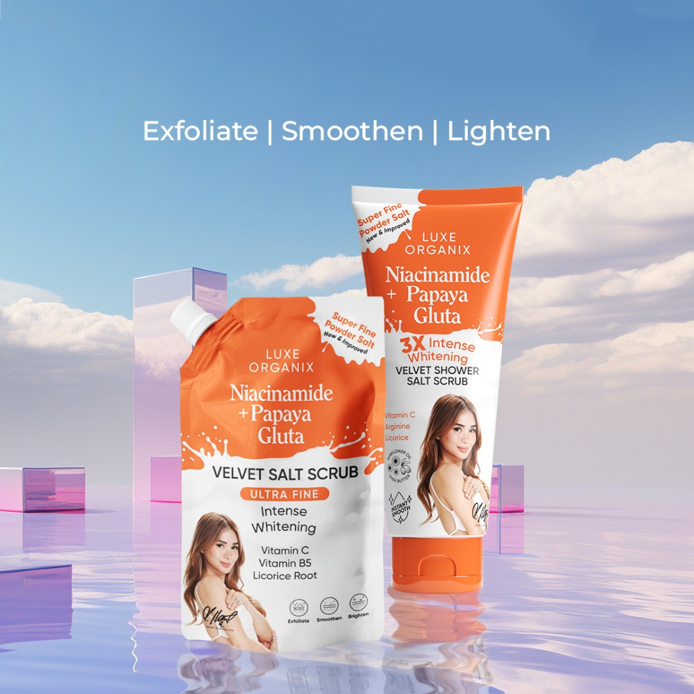 Luxe Organix Niacinamide + Papaya Gluta Velvet Salt Scrub Ultra Fine 300g Heart Evangelista