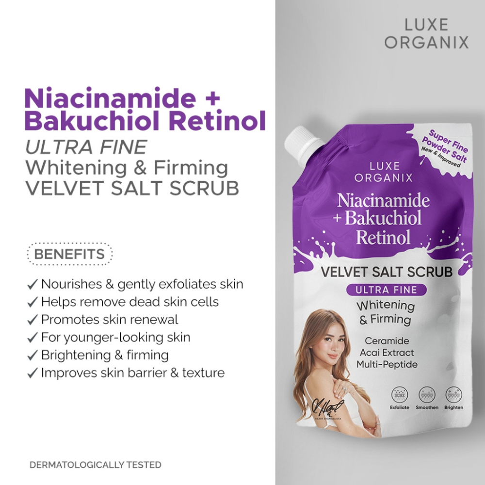 Luxe Organix Niacinamide + Bakuchiol Retinol velvet salt scrub packaging with product details on a white background. Luxe Organix Niacinamide + Bakuchiol Retinol 3x Whitening & Firming Velvet Salt Scrub 300g